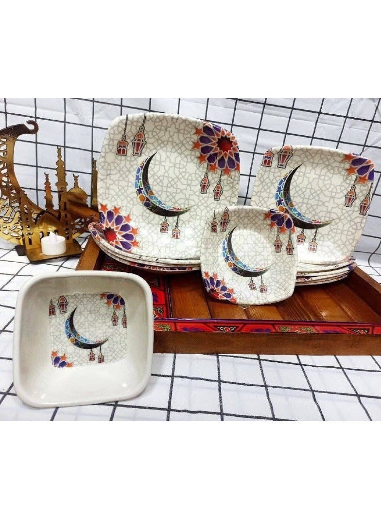 A 24-piece Ramadan melamine dinner set with a Ramadan design, including: 6 large plates, 6 medium plates, 6 small plates, and 6 soup bowls. - Image 1